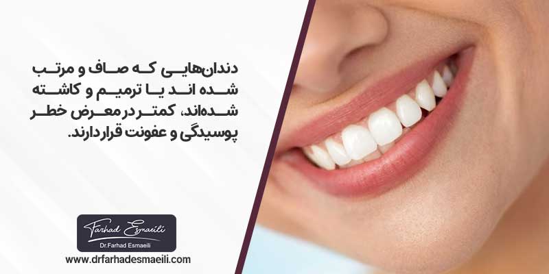 دندان‌هایی که صاف و مرتب شده اند یا ترمیم و کاشته شده‌اند، کمتر در معرض خطر پوسیدگی و عفونت قرار دارند. که یکی از مزایای اصلاح طرح لبخند به شمار می آید
