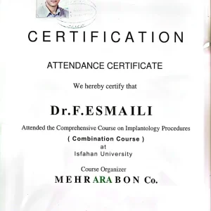 Certificate of Attendance Straumann ITI Comprehensive Implantology Course گواهینامه حضور در دوره جامع ایمپلنتولوژی Straumann / ITI
